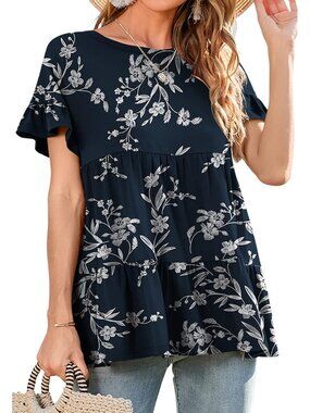 Women's Blue White Ruffle Short Sleeves Blouses Tunics Crewneck Loose Casual Top